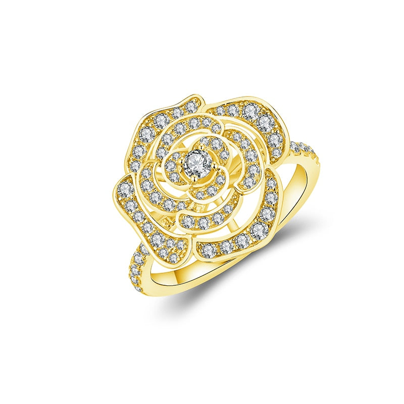 Flower-Shaped, Elegant Moissanite Rings. 1.50 Carat. 18K Gold Plated Silver.