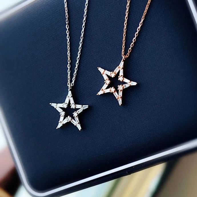 Star Shaped. Diamond Pendant Necklace. Natural Diamond Jewelry.