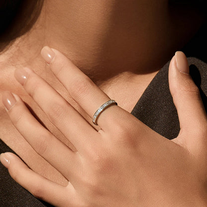 Professional lifestyle view of the emerald cut moissanite ring