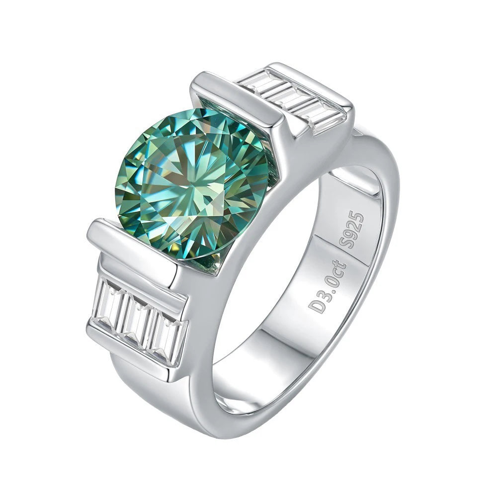 Elegant green moissanite diamond ring for men with silver band