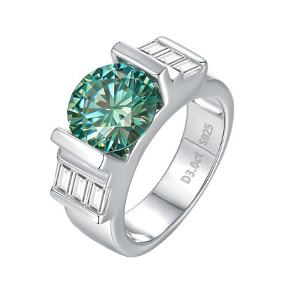 Elegant green moissanite diamond ring for men with silver band