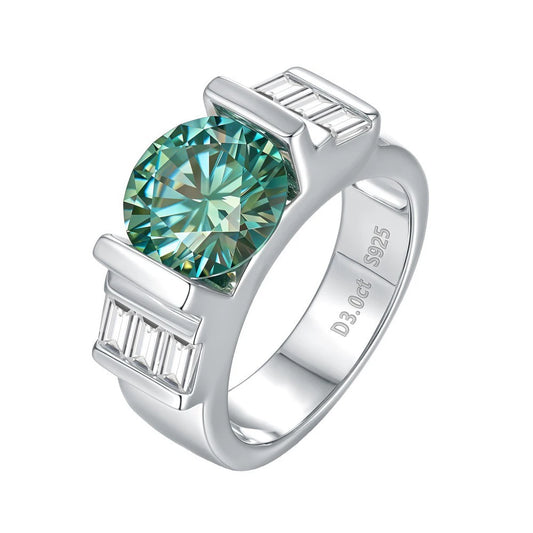 Elegant green moissanite diamond ring for men with silver band