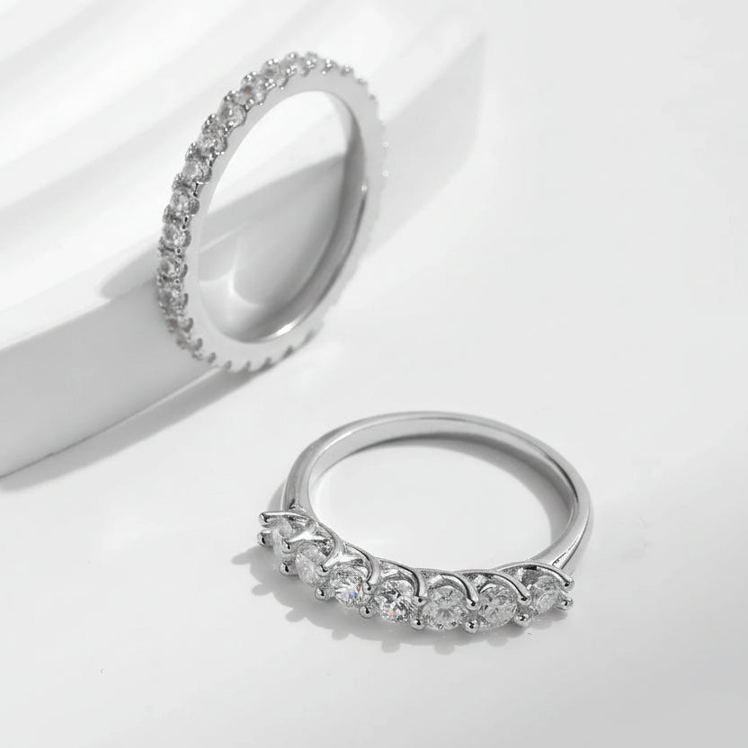 Moissanite wedding band set in 925 silver eternity and crown rings