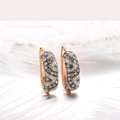 White, Brown Color. Natural Diamond Earrings. 14K Rose Gold.