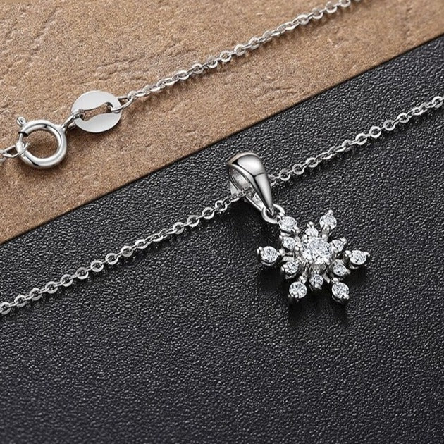 Natural Diamond Snowflake Shaped Pendant Necklace.