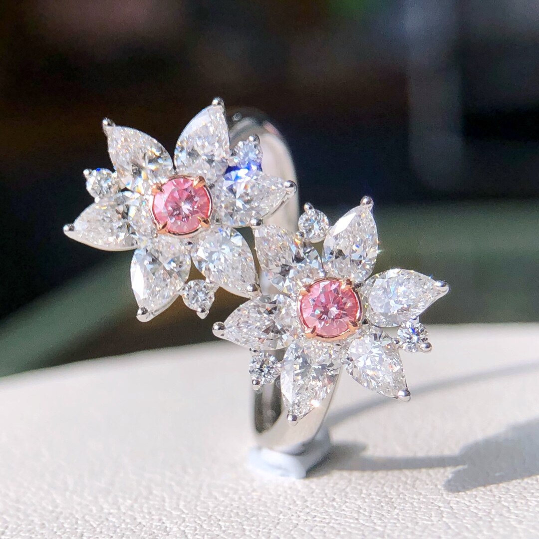 Elegant Pink Diamond Engagement Rings. Flower Shape Diamond Jewelry.