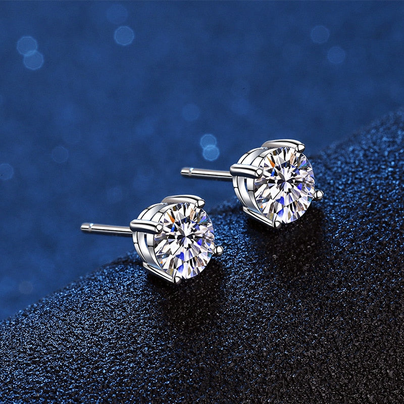 Genuine Moissanite Stud Earrings. 18K White Gold Plated Silver.