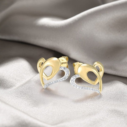 Heart Shape. Diamond Earrings. 14K Yellow Gold Earrings.