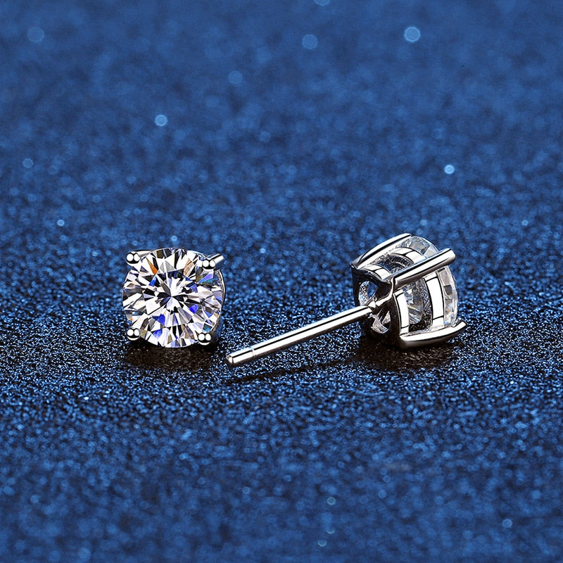 Genuine Moissanite Stud Earrings. 18K White Gold Plated Silver.