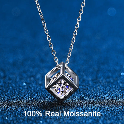 Cube Pendant Moissanite Necklace 18K White Gold Plated Silver