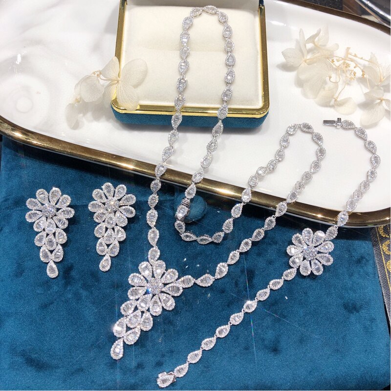 Ensemble Bijoux Diamant Femme Fille - Collier Pendentif Et Boucles D'Oreilles Argent 925 Zircon Six Griffes