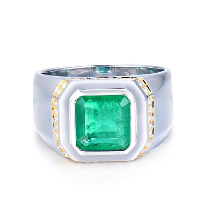 Natural Emerald Men Rings. 2.50 Carat. 18K White Gold.