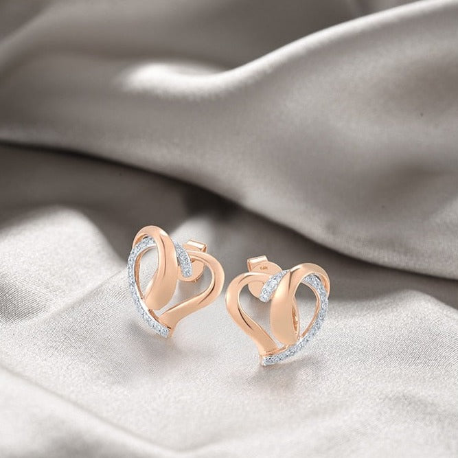 Heart Shape. Natural Diamond Earrings. 14K Rose Gold.