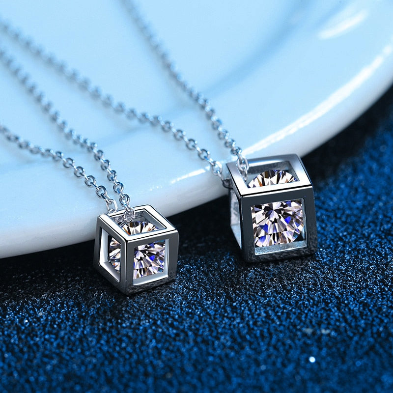 Cube Pendant Moissanite Necklace 18K White Gold Plated Silver