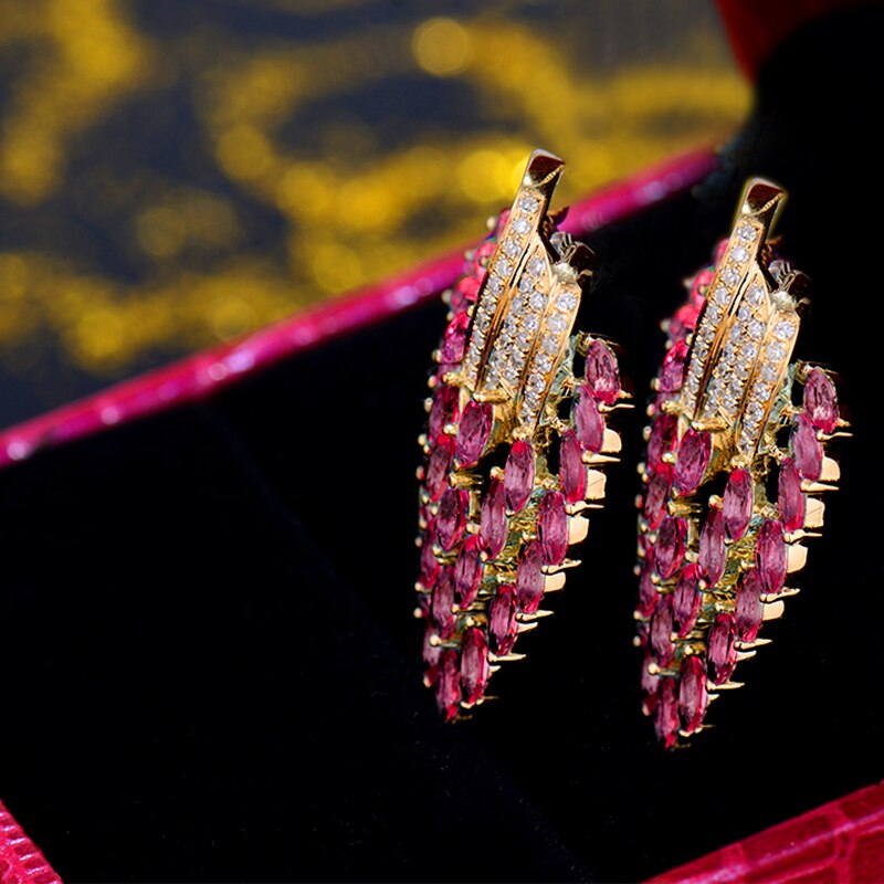 Natural Ruby, Diamond Earrings. 5.50 Carat. 18K Gold.