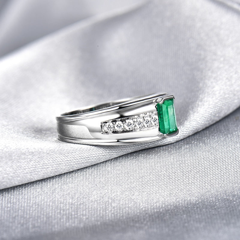 Colombian Emerald Men's Rings. Luxury Diamond Rings. 14K White Gold.