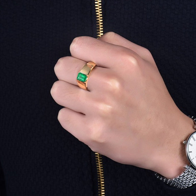 Natural Colombian Emerald Men Rings. 1.39 Carat. 14K Gold.