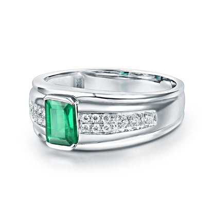 Colombian Emerald Men's Rings. Luxury Diamond Rings. 14K White Gold.