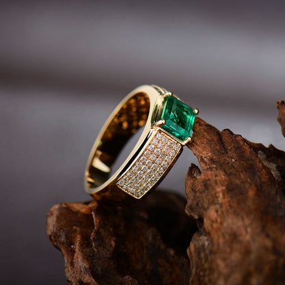 Luxury Green Emerald and Diamond Men's Rings. Princess Cut 5.5x5.5mm.