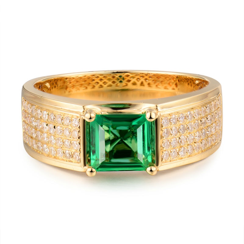 Luxury Green Emerald and Diamond Men's Rings. Princess Cut 5.5x5.5mm.