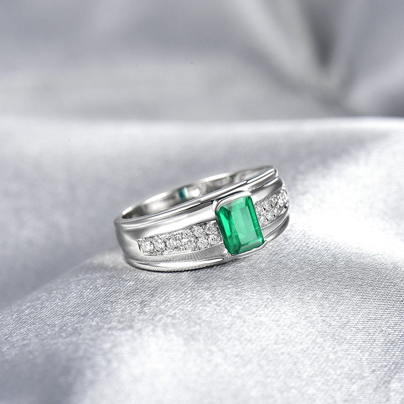 Colombian Emerald Men's Rings. Luxury Diamond Rings. 14K White Gold.
