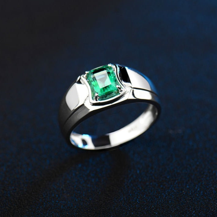 Natural Emerald Men's Rings In Solid 18K White Gold