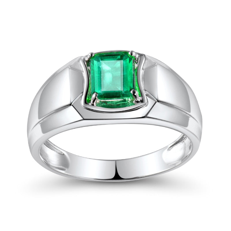 Natural Emerald Men's Rings In Solid 18K White Gold