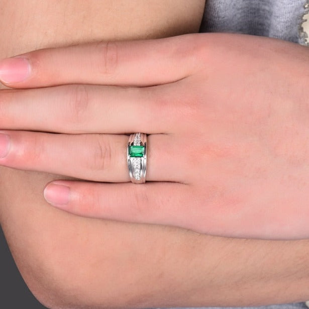 Colombian Emerald Men's Rings. Luxury Diamond Rings. 14K White Gold.