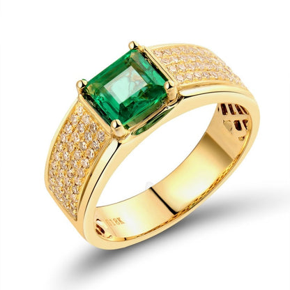 Luxury Green Emerald and Diamond Men's Rings. Princess Cut 5.5x5.5mm.