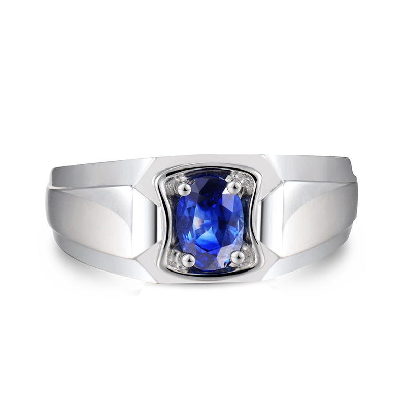 Oval 4X6mm Natural Sapphire Male Rings 18K White Gold