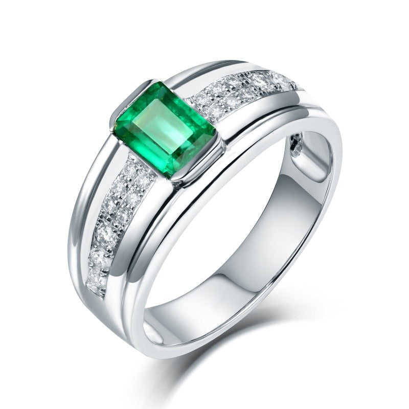 Colombian Emerald Men's Rings. Luxury Diamond Rings. 14K White Gold.