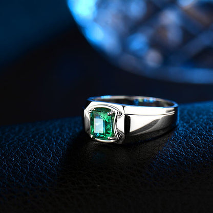 Natural Emerald Men's Rings In Solid 18K White Gold