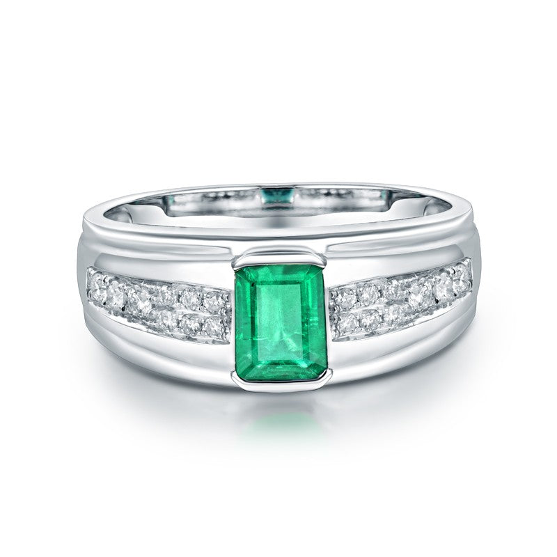 Colombian Emerald Men's Rings. Luxury Diamond Rings. 14K White Gold.