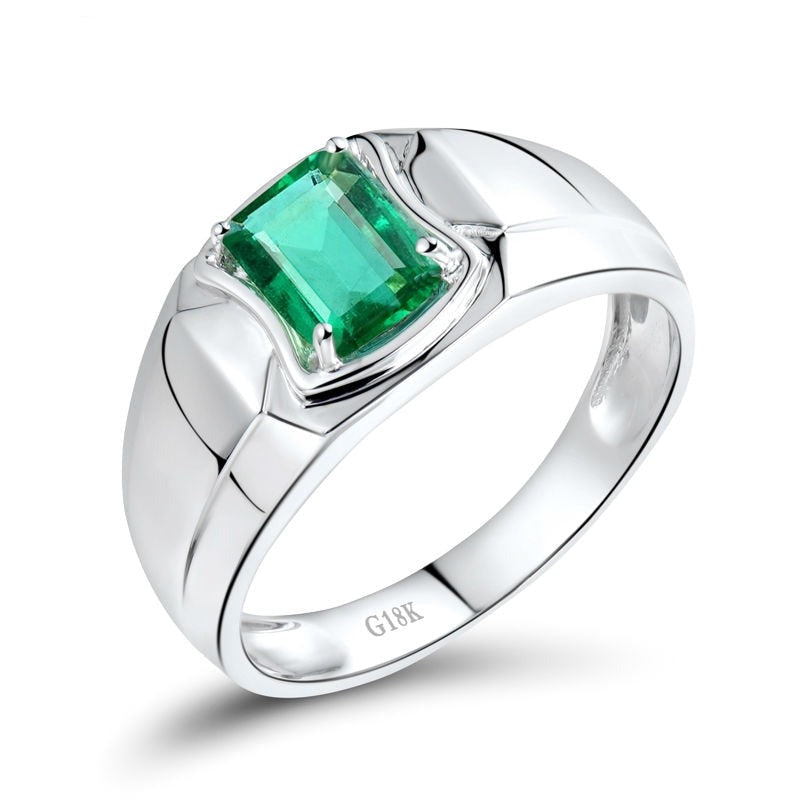 Natural Emerald Men's Rings In Solid 18K White Gold