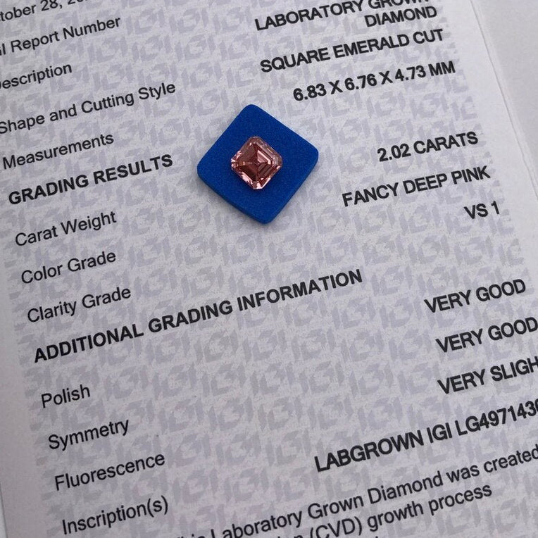Fancy Deep Pink Diamond. 2.02 Carat. Asscher Cut. Lab Grown