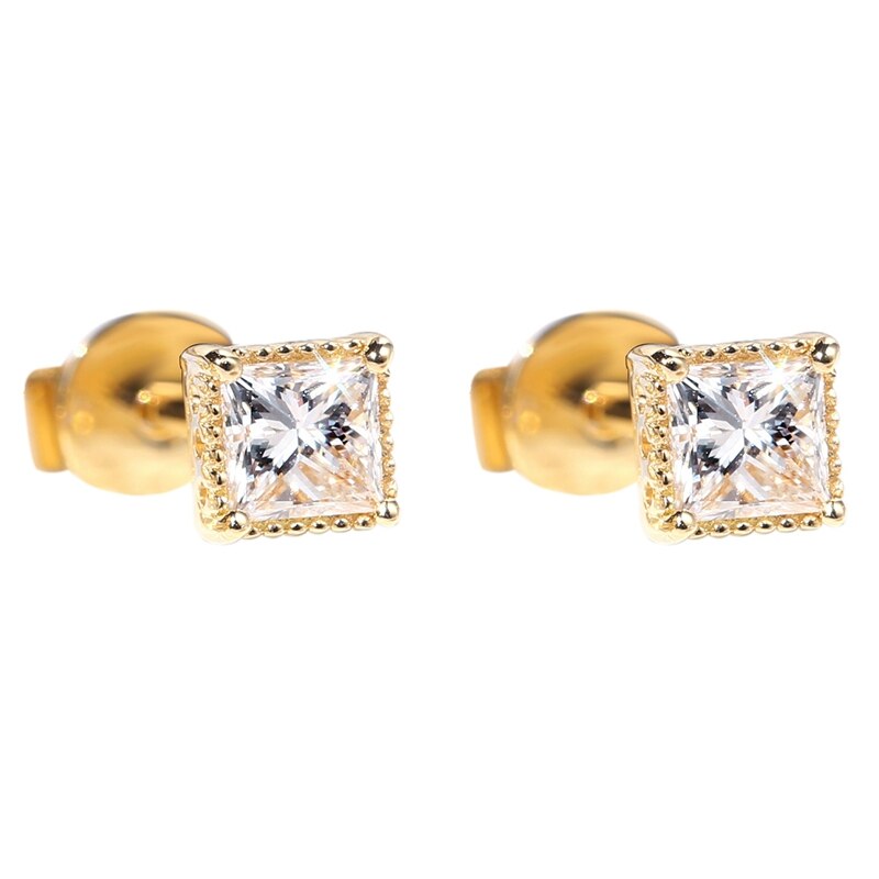 Princess Cut. Gold Moissanite Earrings. 0.60 Carat. D VVS1.