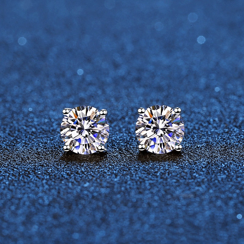 Genuine Moissanite Stud Earrings. 18K White Gold Plated Silver.