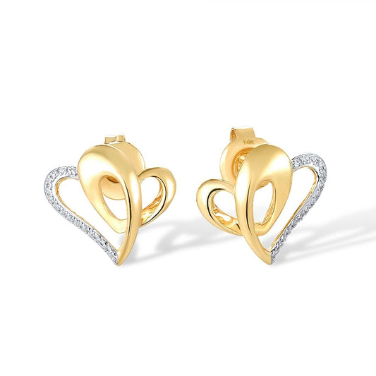 Heart Shape. Diamond Earrings. 14K Yellow Gold Earrings.