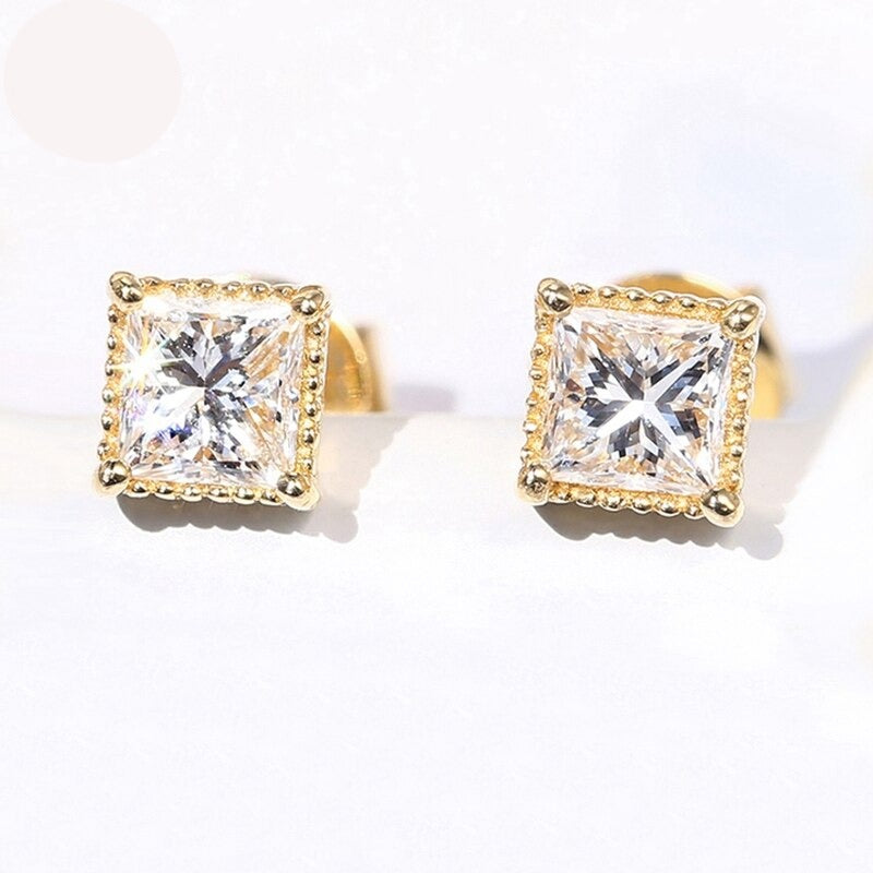 Princess Cut. Gold Moissanite Earrings. 0.60 Carat. D VVS1.