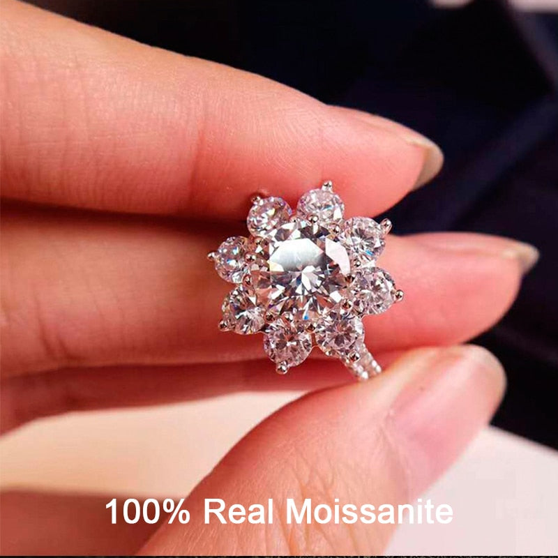 Real moissanite diamond luxury sun flower ring 2 carat