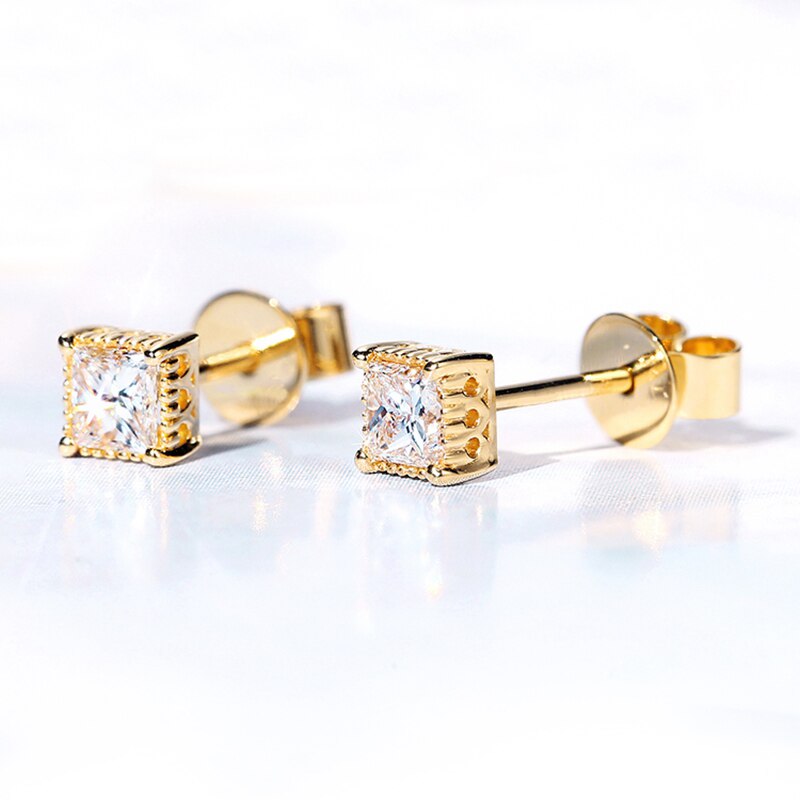 Princess Cut. Gold Moissanite Earrings. 0.60 Carat. D VVS1.