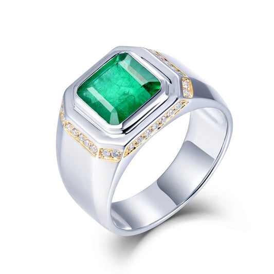 Natural Emerald Men Rings. 2.50 Carat. 18K White Gold.