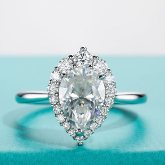 Genuine Pear Cut Moissanite Halo Engagement Ring