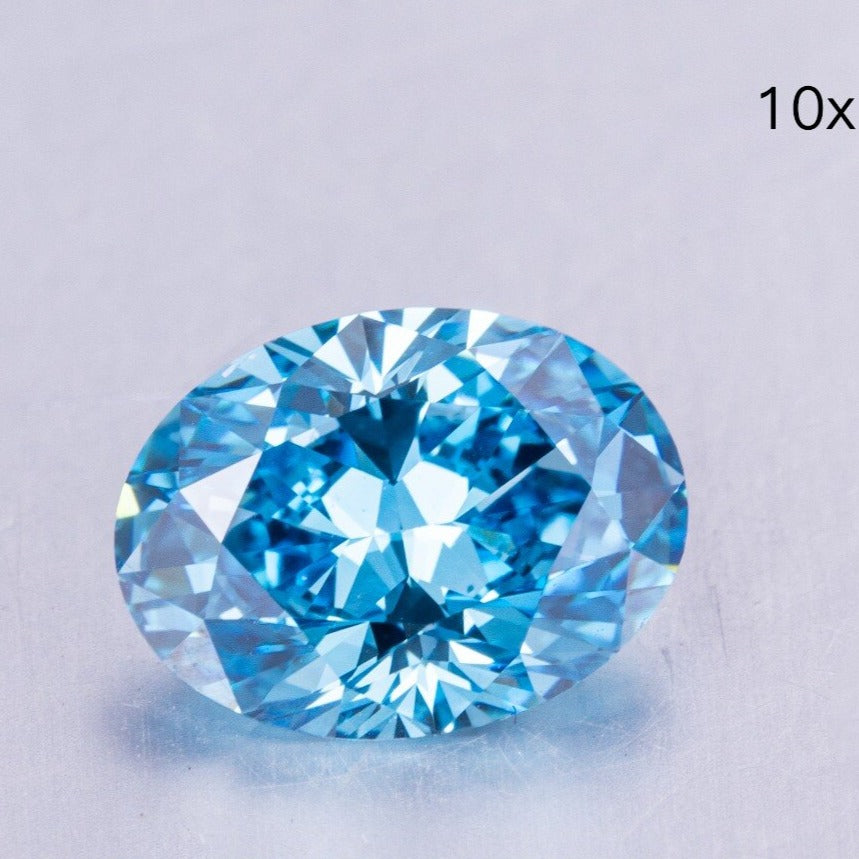 Coupe ovale. Bleu verdâtre intense et fantaisie. 1,0 à 2,0 carats. Diamant cultivé en laboratoire