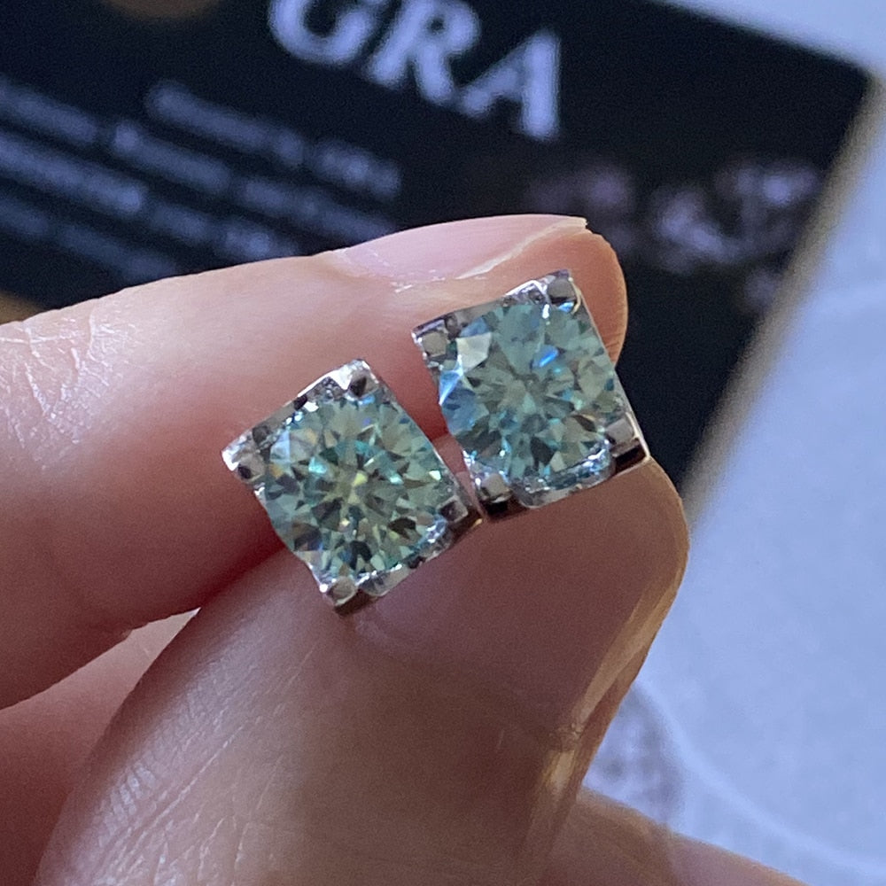 Blue Green Moissanite Earrings. 18K White Gold Plated Silver