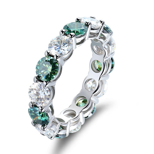 Luxury Colorful Moissanite Eternity Rings. White, Green, and Red Color.