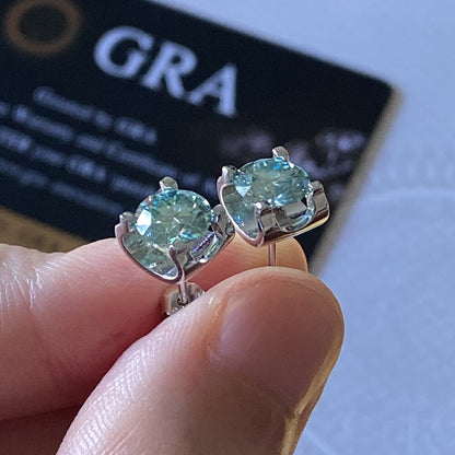 Blue Green Moissanite Earrings. 18K White Gold Plated Silver