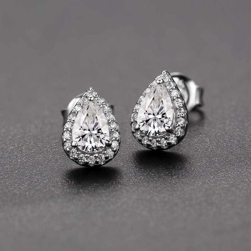 Pear Shape. Moissanite Stud Earrings. 18K White Gold Plated Silver.