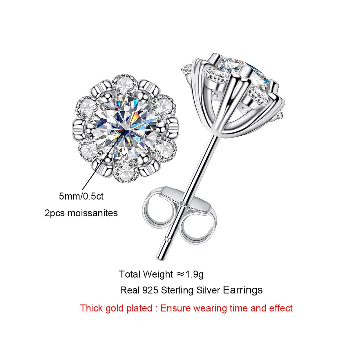 Moissanite Diamond Stud Earrings. 18K Gold Plated Silver