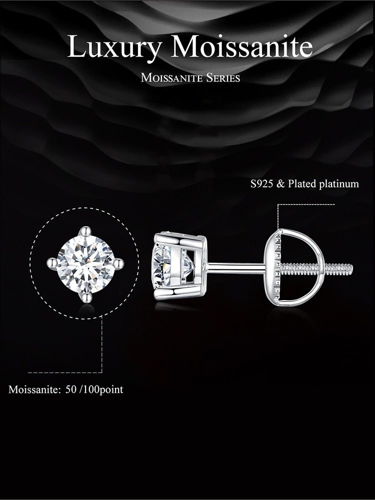 Moissanite Stud Earrings. 2.0 Carat. D VVS1. Platinum Plated Silver.